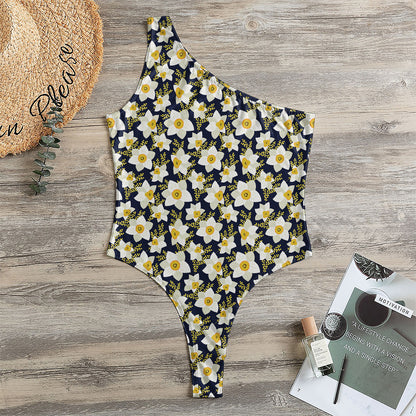 White Daffodil Flower Pattern Print One Shoulder Bodysuit
