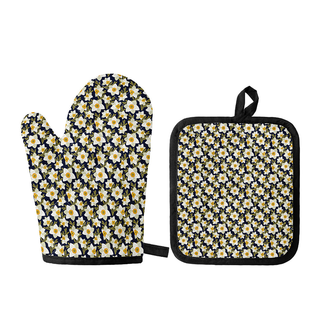 White Daffodil Flower Pattern Print Oven Mitt And Pot Holder Set