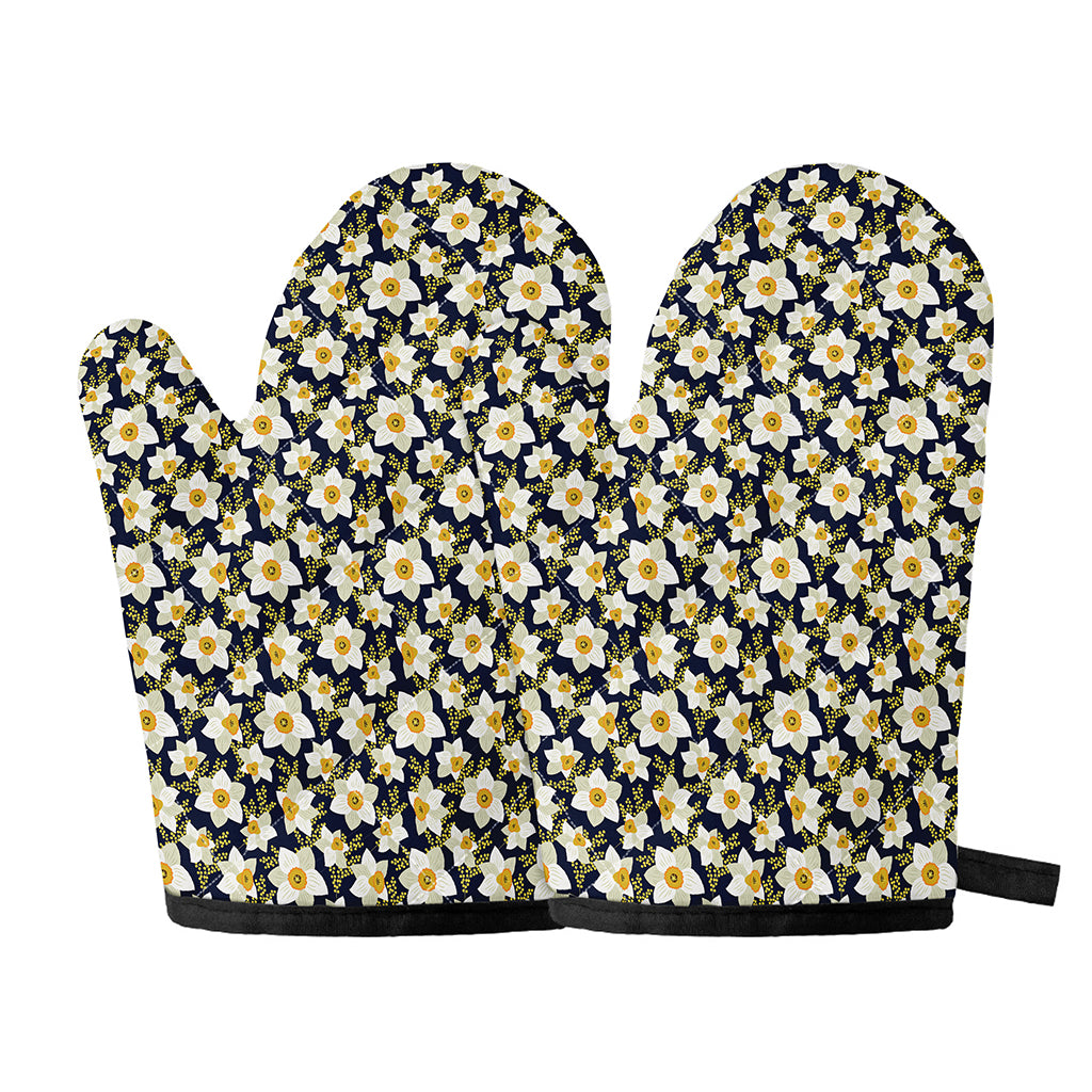 White Daffodil Flower Pattern Print Oven Mitts