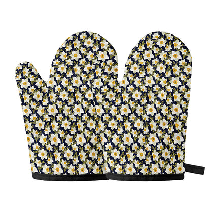 White Daffodil Flower Pattern Print Oven Mitts