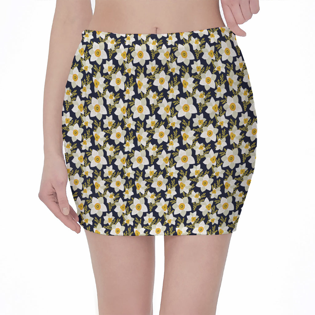 White Daffodil Flower Pattern Print Pencil Mini Skirt