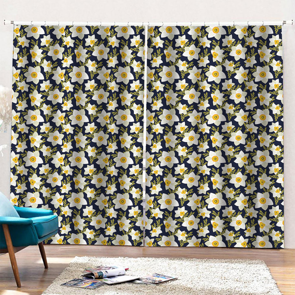 White Daffodil Flower Pattern Print Pencil Pleat Curtains