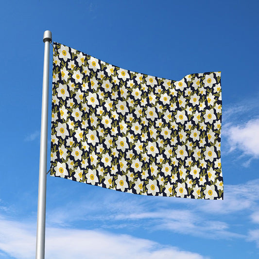 White Daffodil Flower Pattern Print Polyester Flag