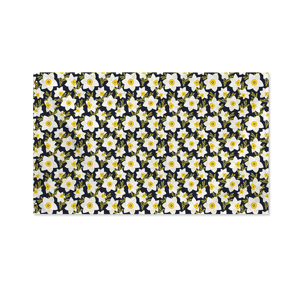 White Daffodil Flower Pattern Print Polyester Flag