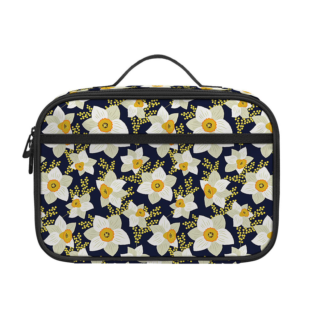 White Daffodil Flower Pattern Print Portable Lunch Bag