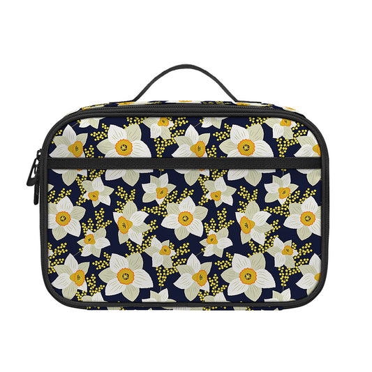 White Daffodil Flower Pattern Print Portable Lunch Bag