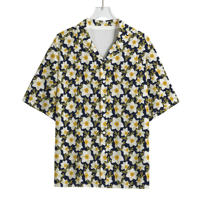 White Daffodil Flower Pattern Print Rayon Hawaiian Shirt