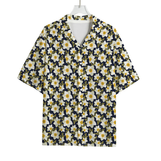 White Daffodil Flower Pattern Print Rayon Hawaiian Shirt