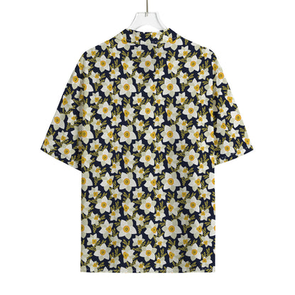 White Daffodil Flower Pattern Print Rayon Hawaiian Shirt