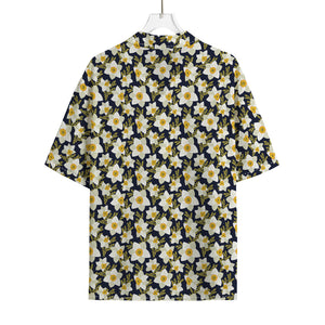 White Daffodil Flower Pattern Print Rayon Hawaiian Shirt