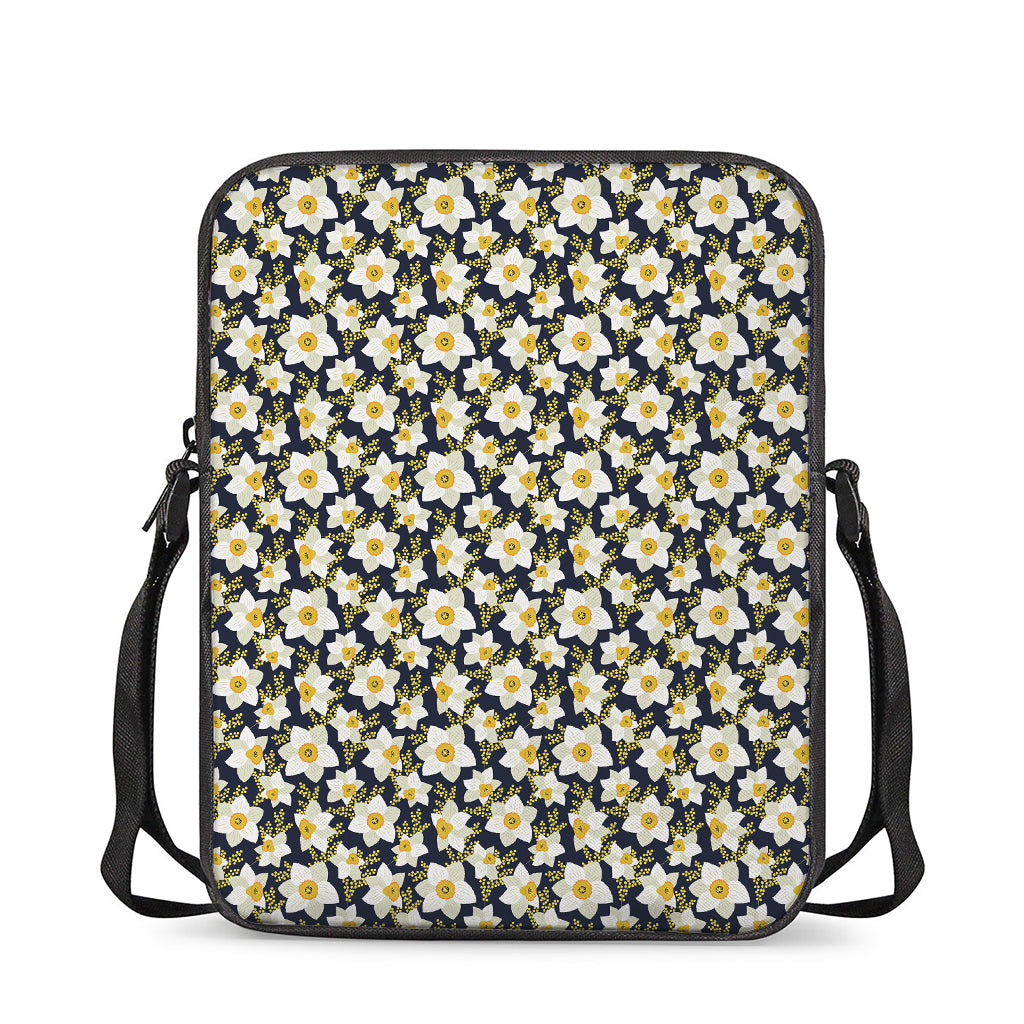 White Daffodil Flower Pattern Print Rectangular Crossbody Bag