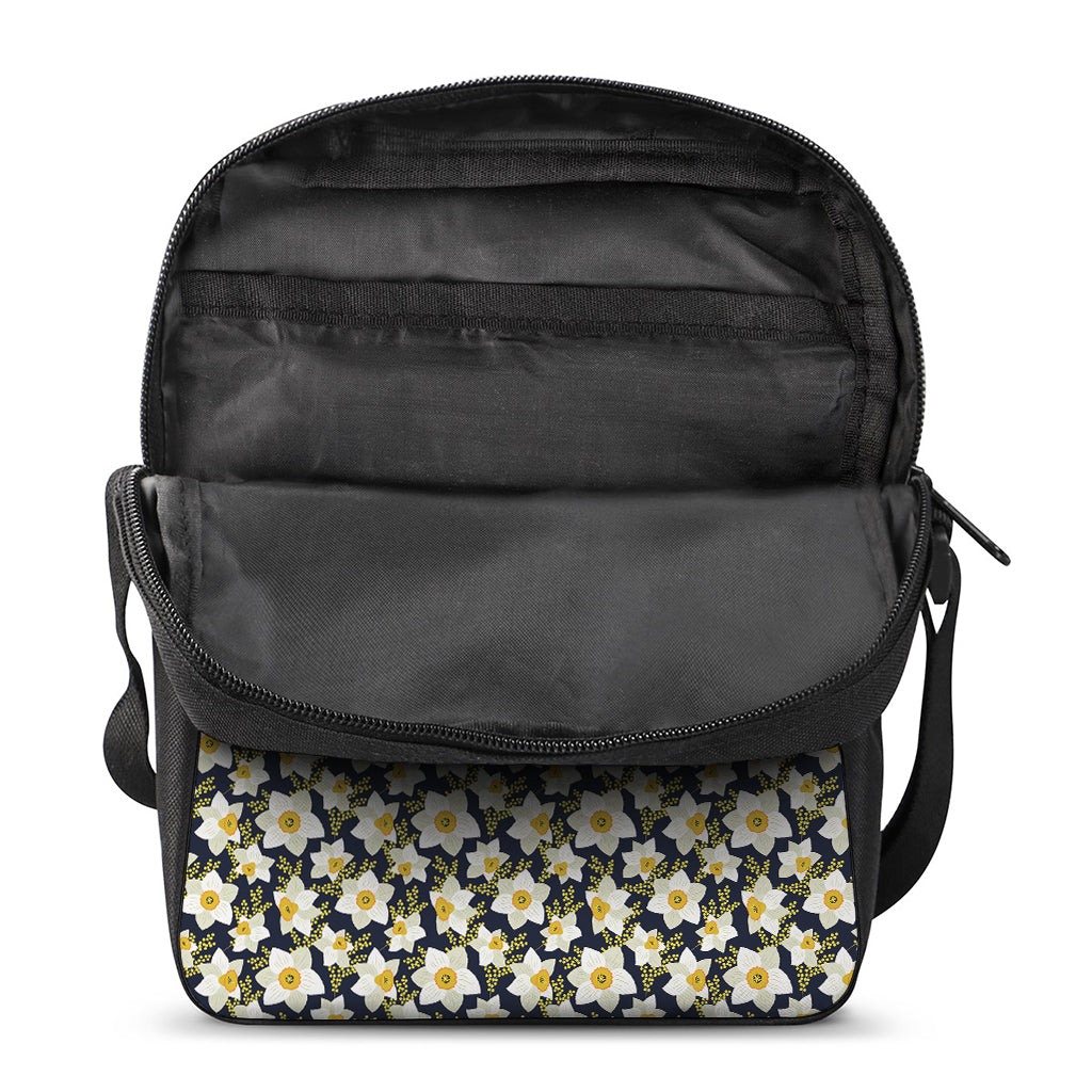 White Daffodil Flower Pattern Print Rectangular Crossbody Bag