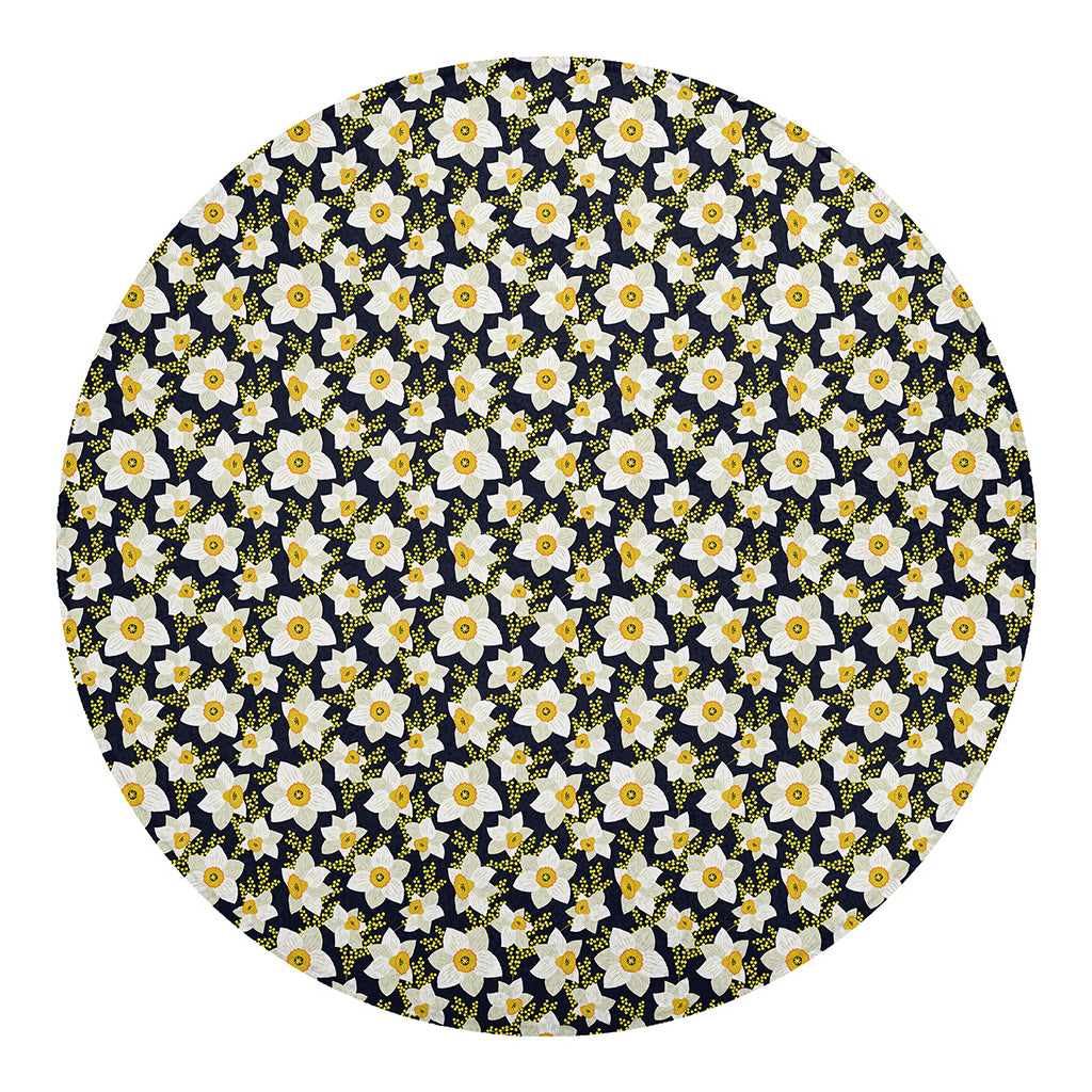 White Daffodil Flower Pattern Print Round Blanket