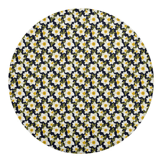White Daffodil Flower Pattern Print Round Blanket
