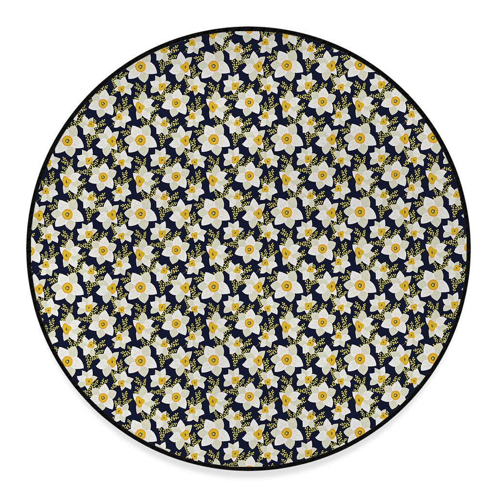 White Daffodil Flower Pattern Print Round Floor Mat