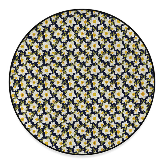 White Daffodil Flower Pattern Print Round Floor Mat