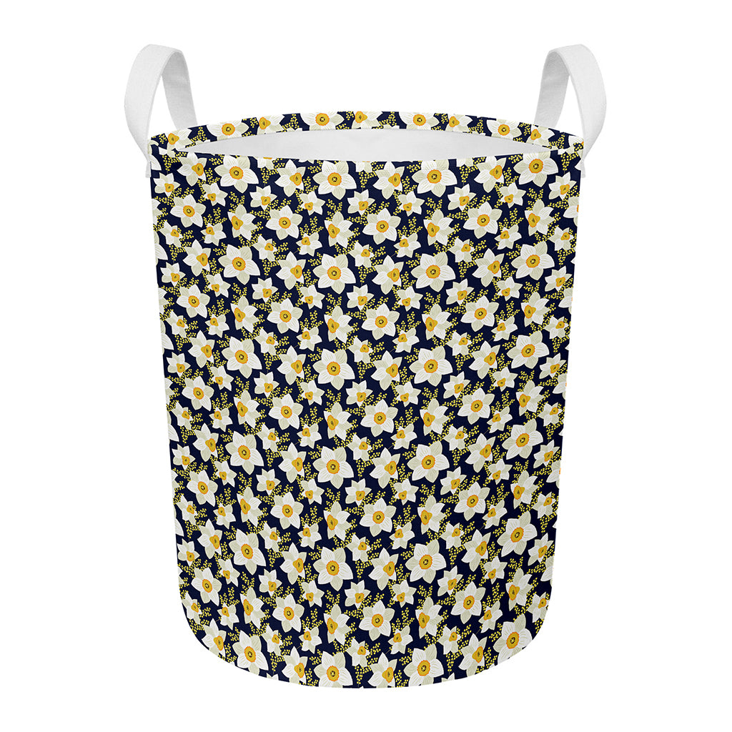 White Daffodil Flower Pattern Print Round Laundry Basket
