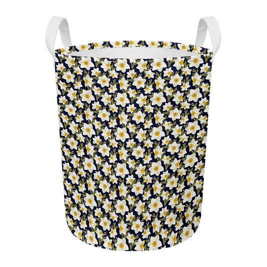 White Daffodil Flower Pattern Print Round Laundry Basket