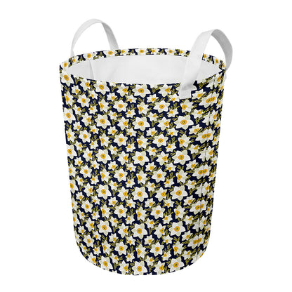 White Daffodil Flower Pattern Print Round Laundry Basket
