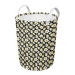 White Daffodil Flower Pattern Print Round Laundry Basket