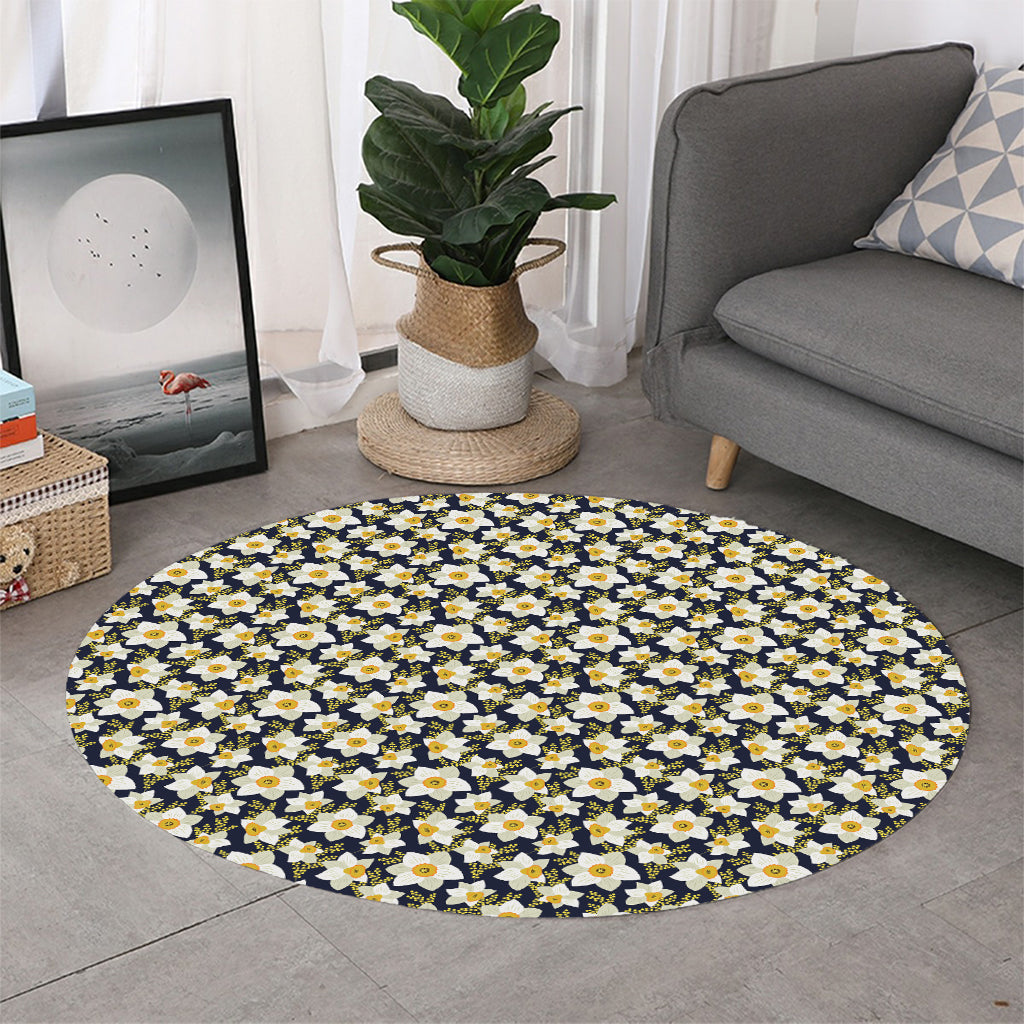 White Daffodil Flower Pattern Print Round Rug