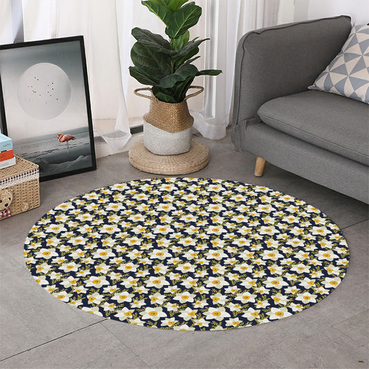 White Daffodil Flower Pattern Print Round Rug