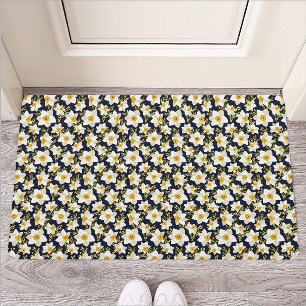 White Daffodil Flower Pattern Print Rubber Doormat