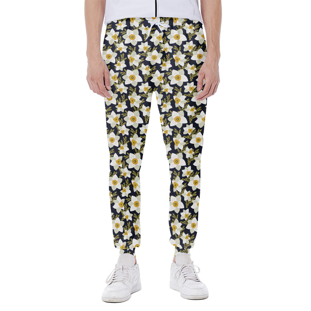 White Daffodil Flower Pattern Print Scuba Joggers