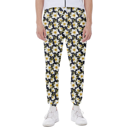 White Daffodil Flower Pattern Print Scuba Joggers