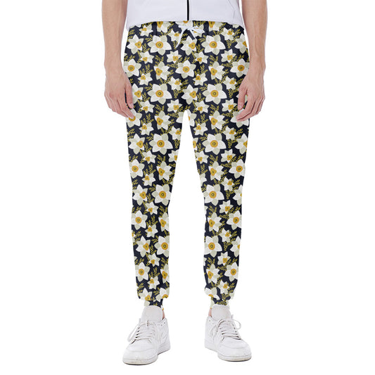 White Daffodil Flower Pattern Print Scuba Joggers