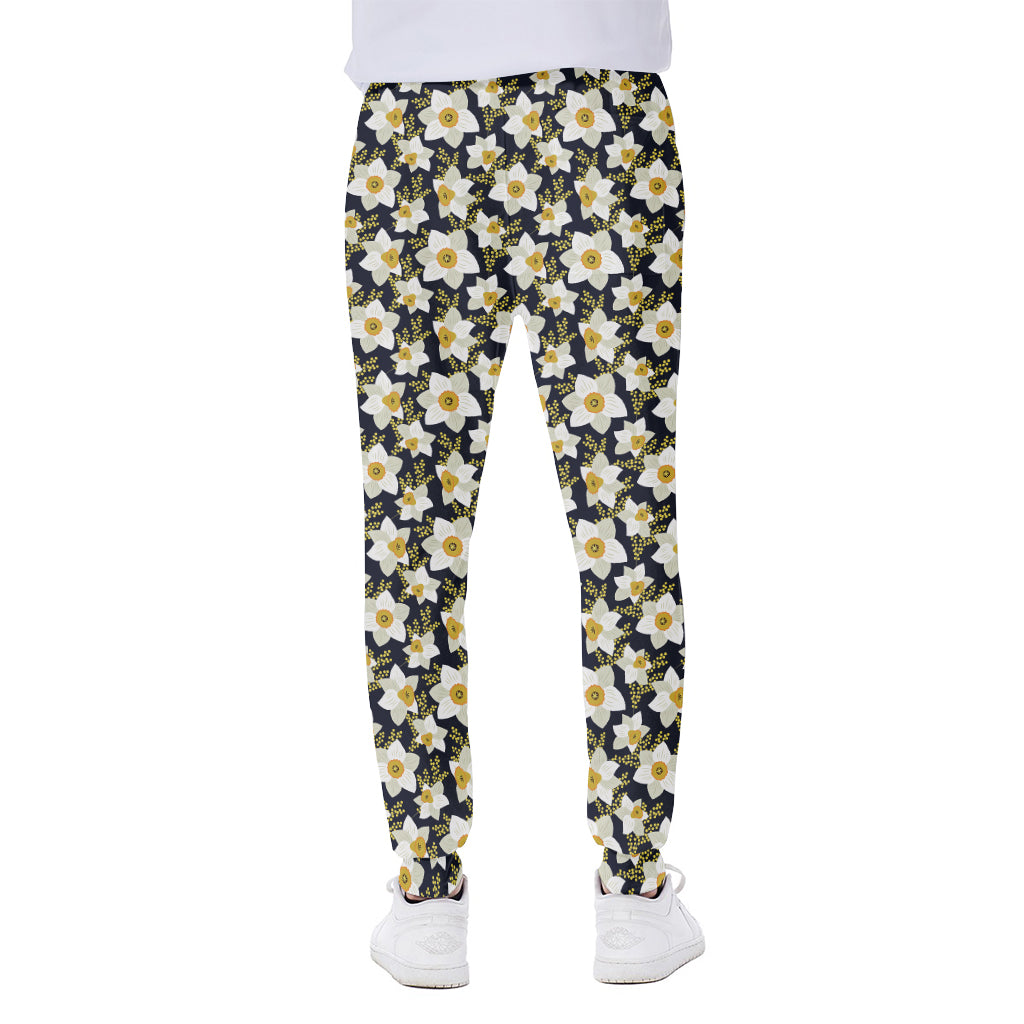 White Daffodil Flower Pattern Print Scuba Joggers
