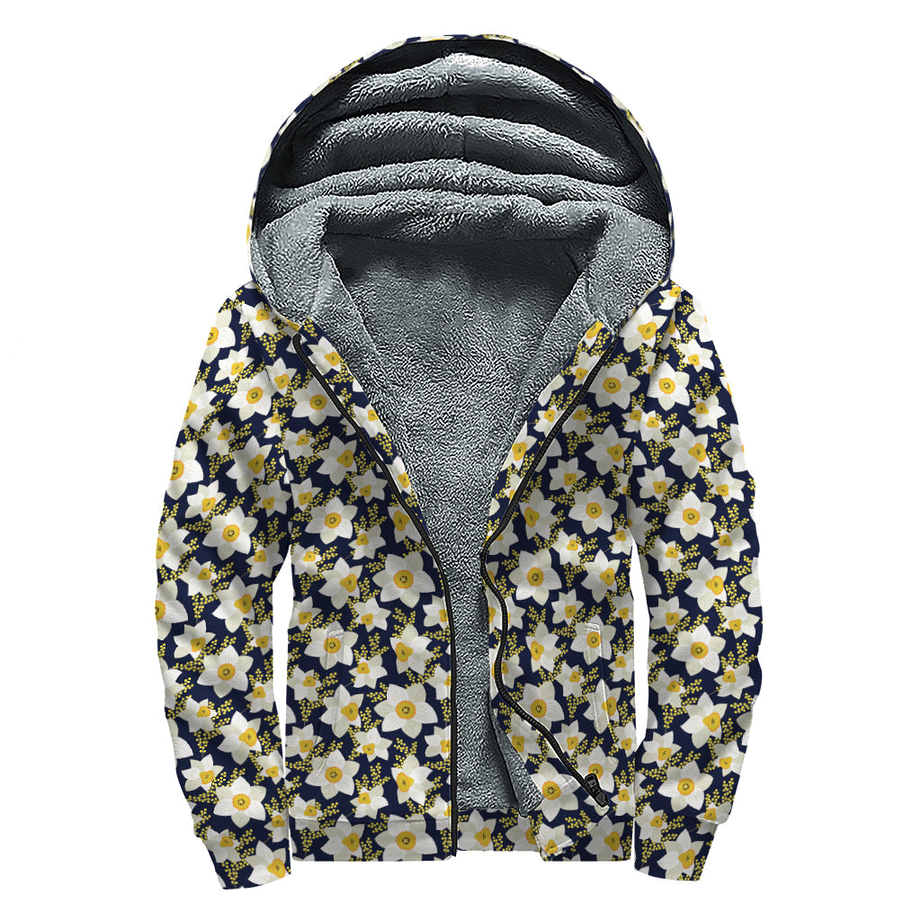 White Daffodil Flower Pattern Print Sherpa Lined Zip Up Hoodie