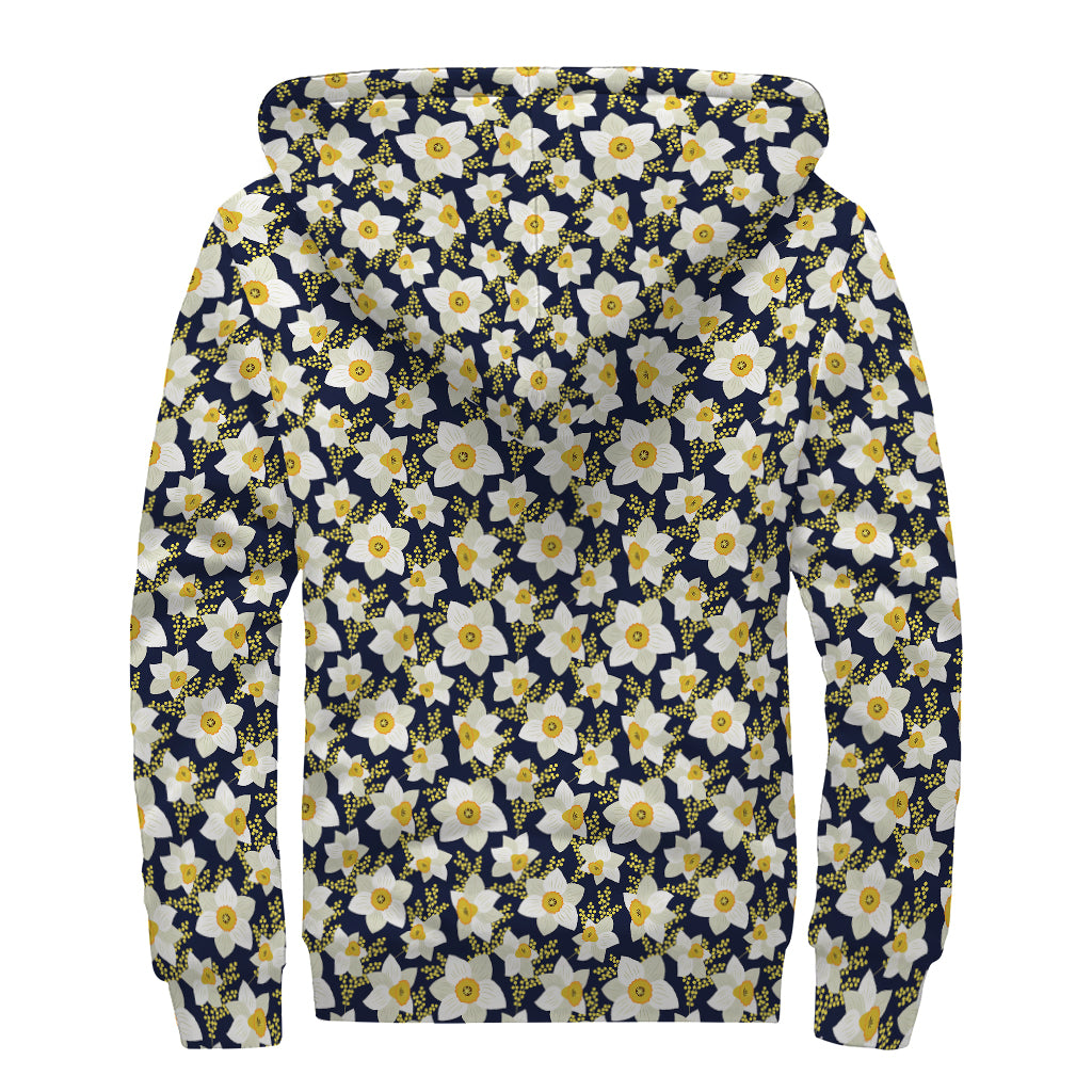 White Daffodil Flower Pattern Print Sherpa Lined Zip Up Hoodie