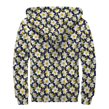 White Daffodil Flower Pattern Print Sherpa Lined Zip Up Hoodie