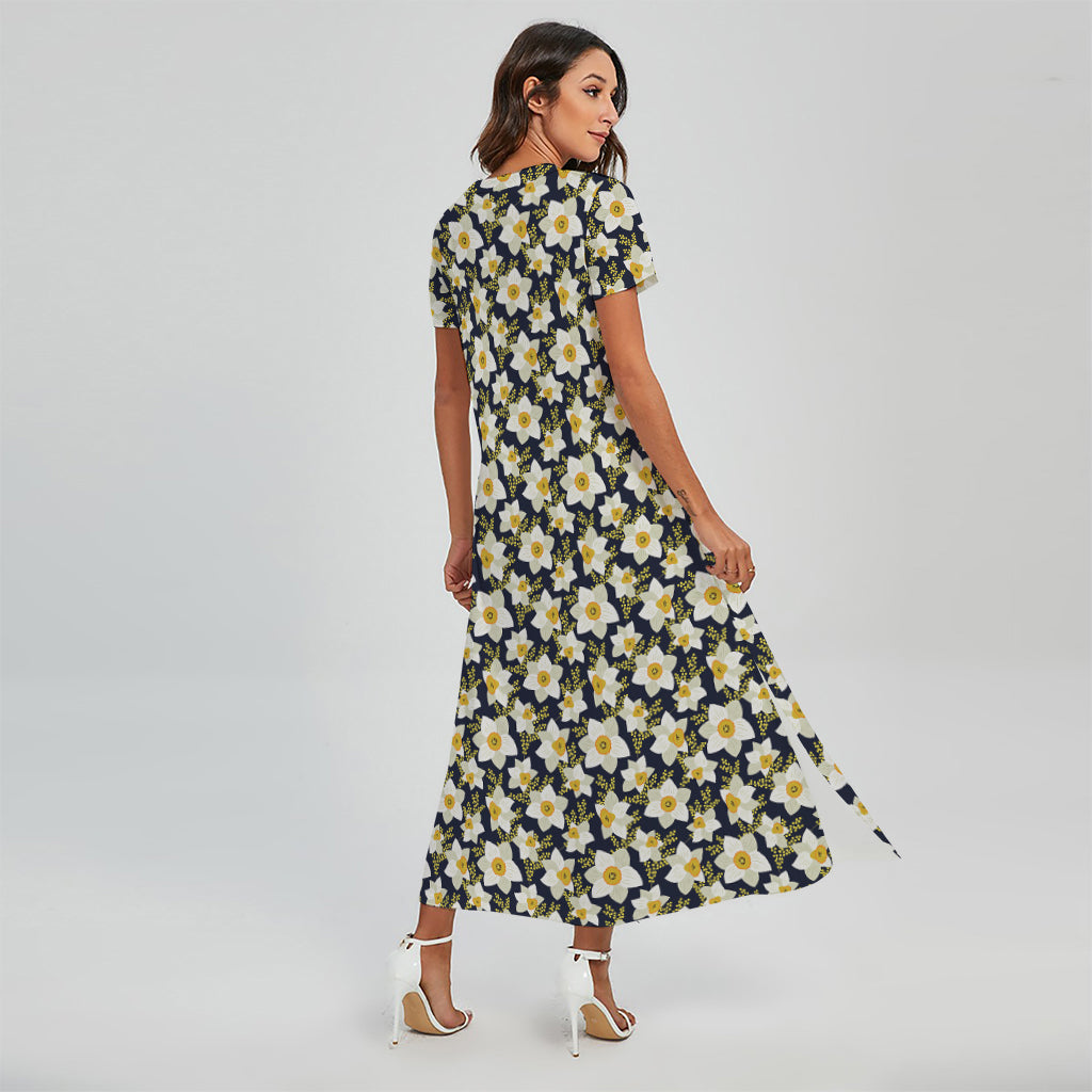 White Daffodil Flower Pattern Print Short Sleeve Maxi Dress