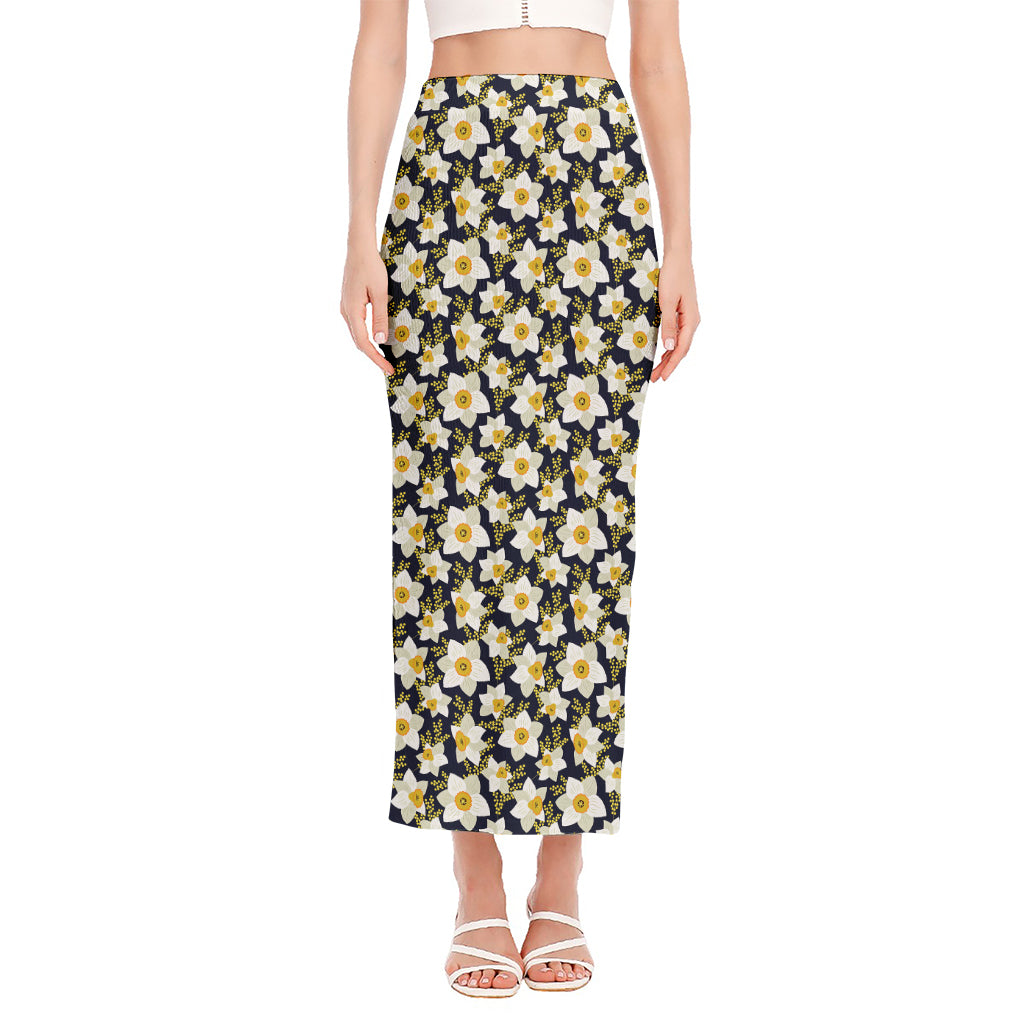 White Daffodil Flower Pattern Print Side Slit Maxi Skirt