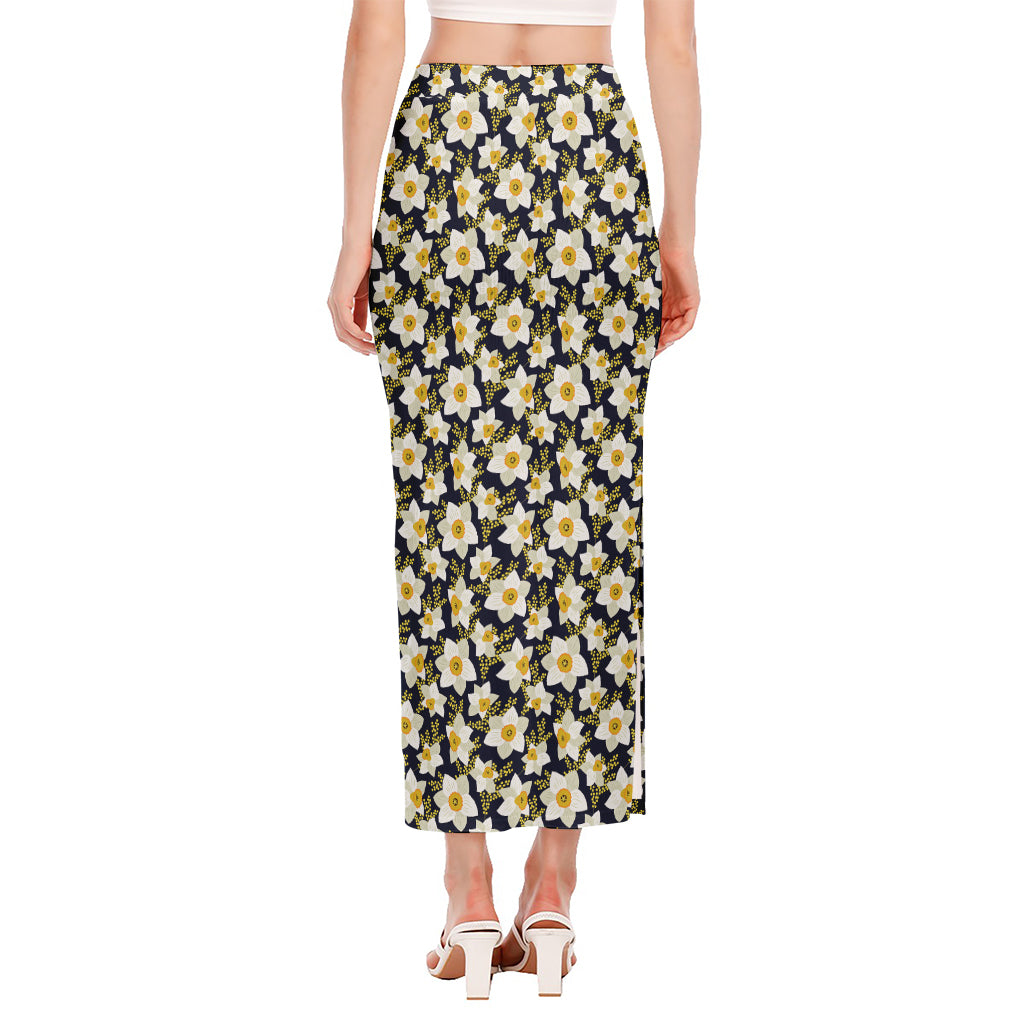 White Daffodil Flower Pattern Print Side Slit Maxi Skirt