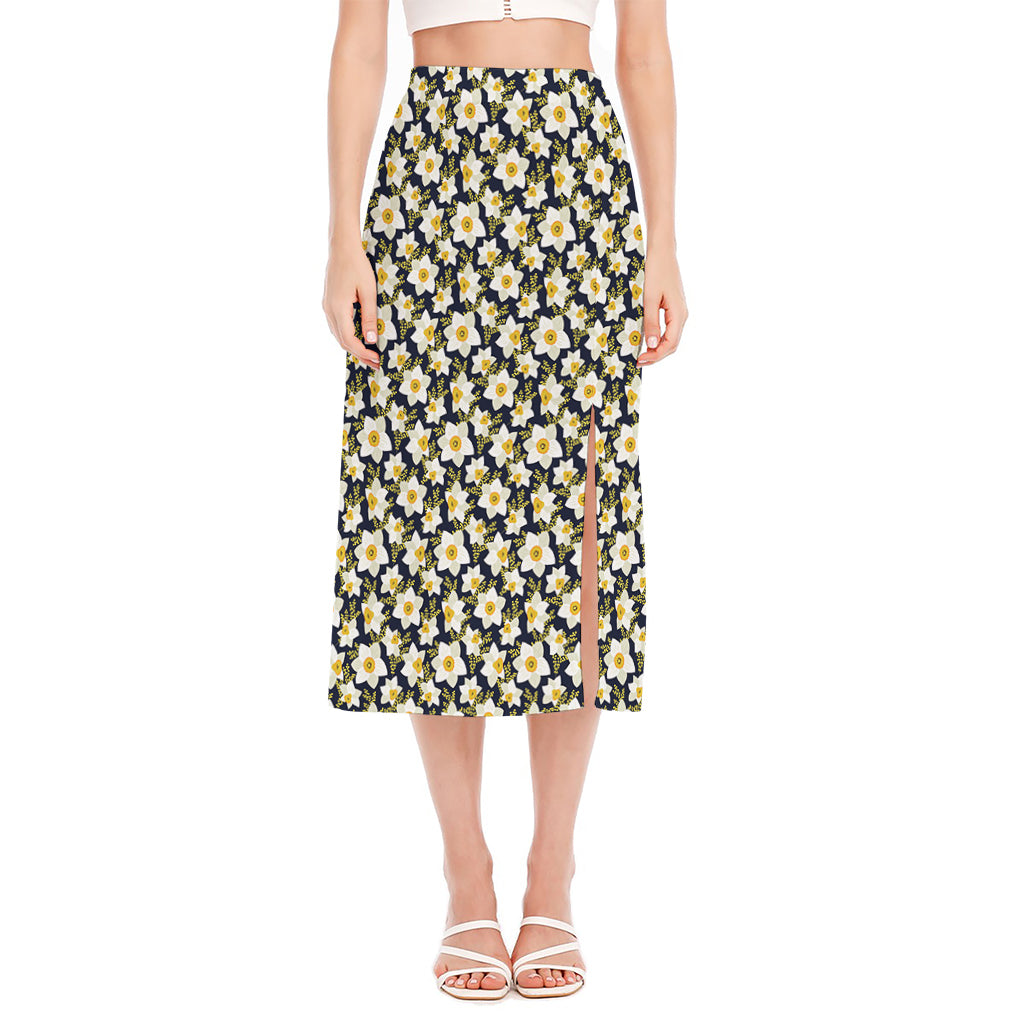 White Daffodil Flower Pattern Print Side Slit Midi Skirt