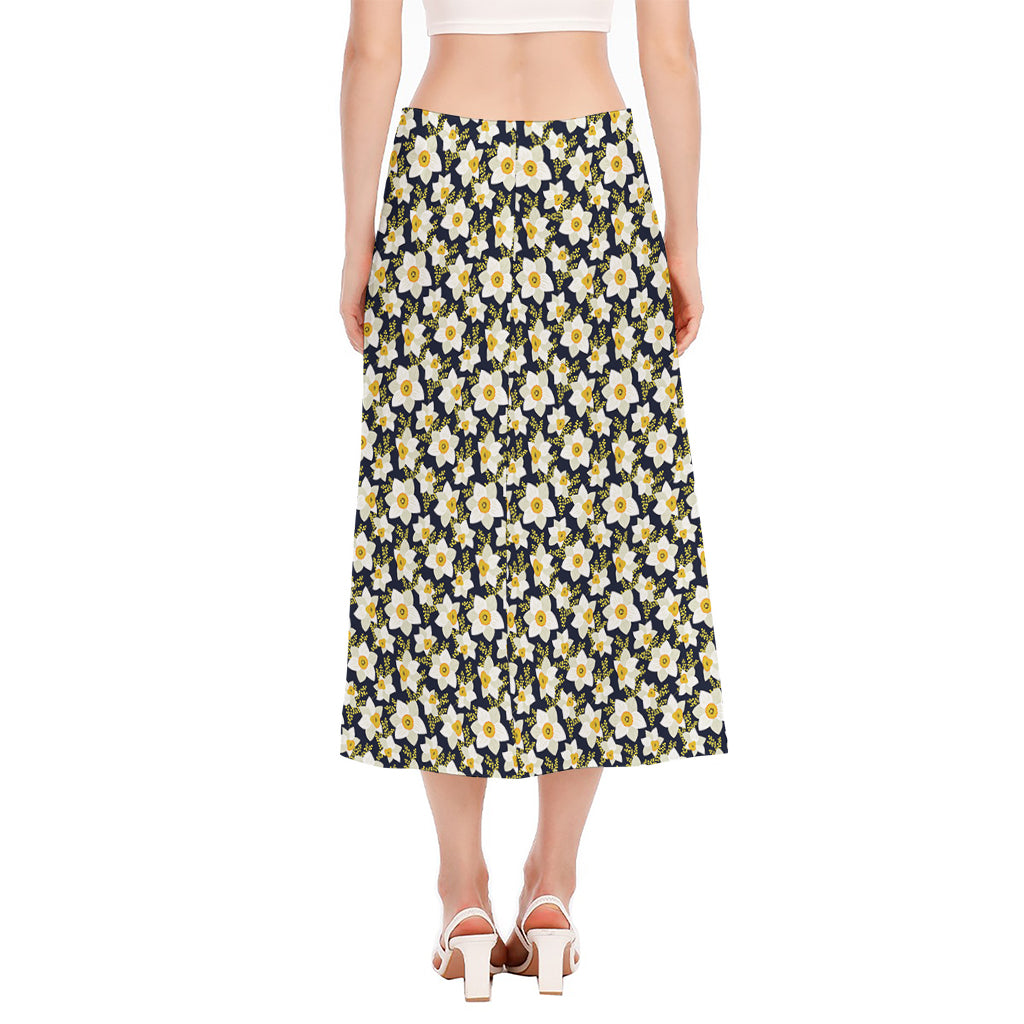 White Daffodil Flower Pattern Print Side Slit Midi Skirt