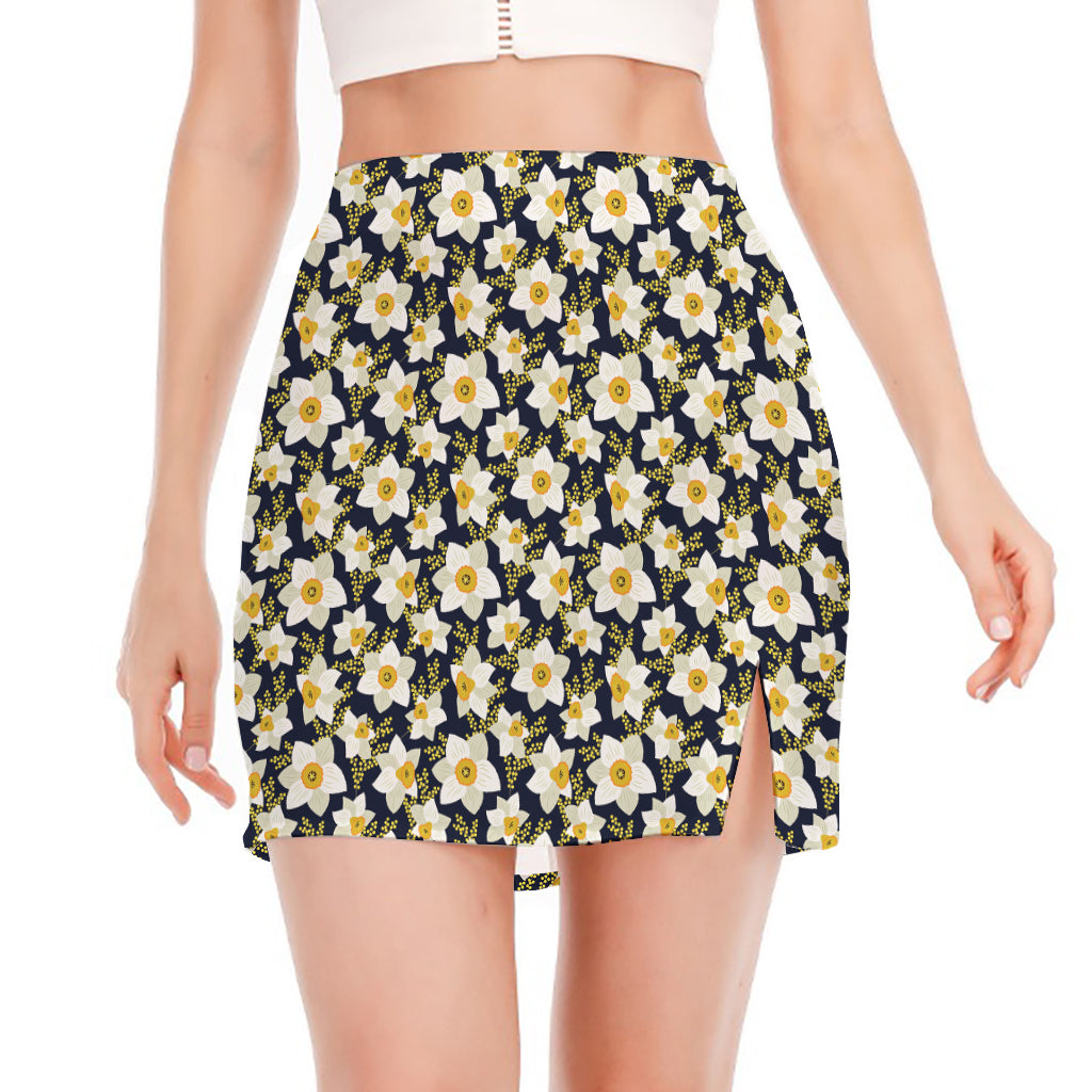 White Daffodil Flower Pattern Print Side Slit Mini Skirt