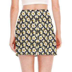 White Daffodil Flower Pattern Print Side Slit Mini Skirt