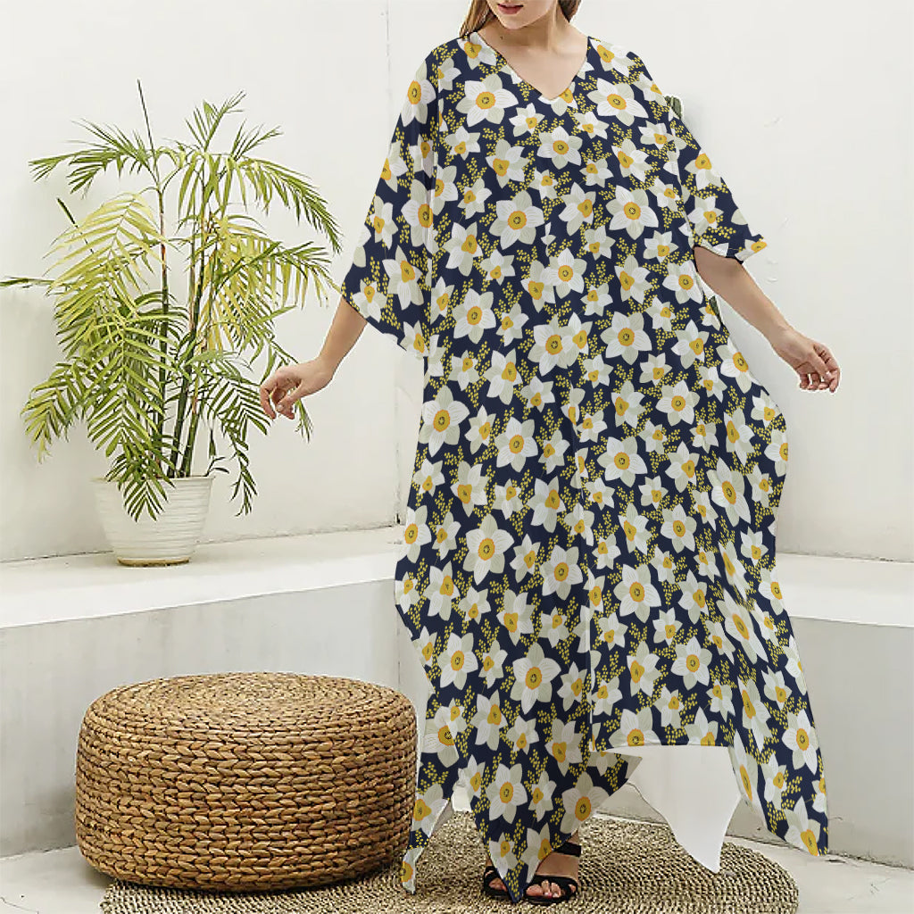 White Daffodil Flower Pattern Print Silk V-Neck Kaftan Dress