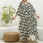 White Daffodil Flower Pattern Print Silk V-Neck Kaftan Dress