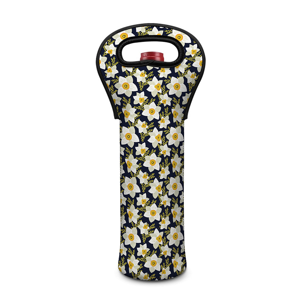 White Daffodil Flower Pattern Print Single Neoprene Wine Tote