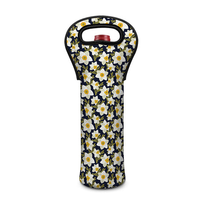 White Daffodil Flower Pattern Print Single Neoprene Wine Tote
