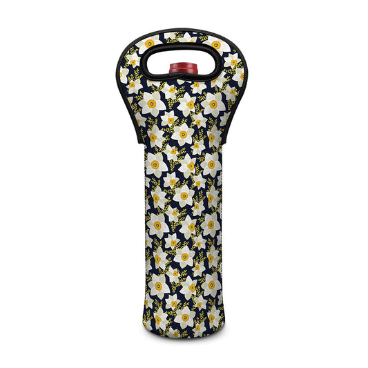 White Daffodil Flower Pattern Print Single Neoprene Wine Tote