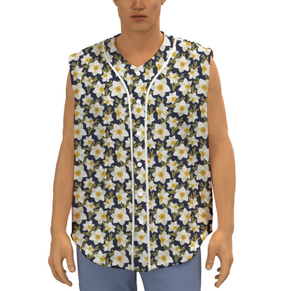 White Daffodil Flower Pattern Print Sleeveless Baseball Jersey