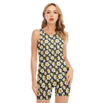 White Daffodil Flower Pattern Print Sleeveless One Piece Swimsuit