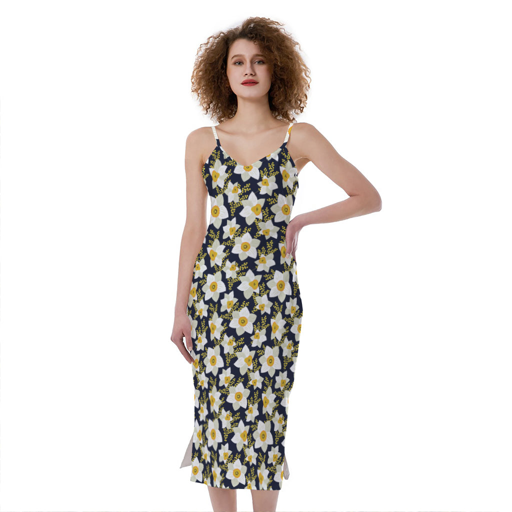 White Daffodil Flower Pattern Print Slim Fit Midi Cami Dress