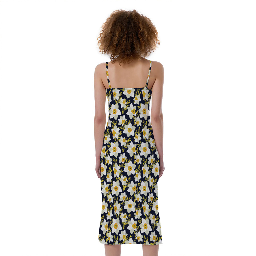 White Daffodil Flower Pattern Print Slim Fit Midi Cami Dress